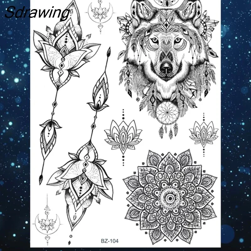 Sdrawing Henna Temporary Tattoos For Women Girls Feather Butterfly DreamCatcher Fake Gem Tattoo Sticker Chest Arm Tatoos Tribal 328-1