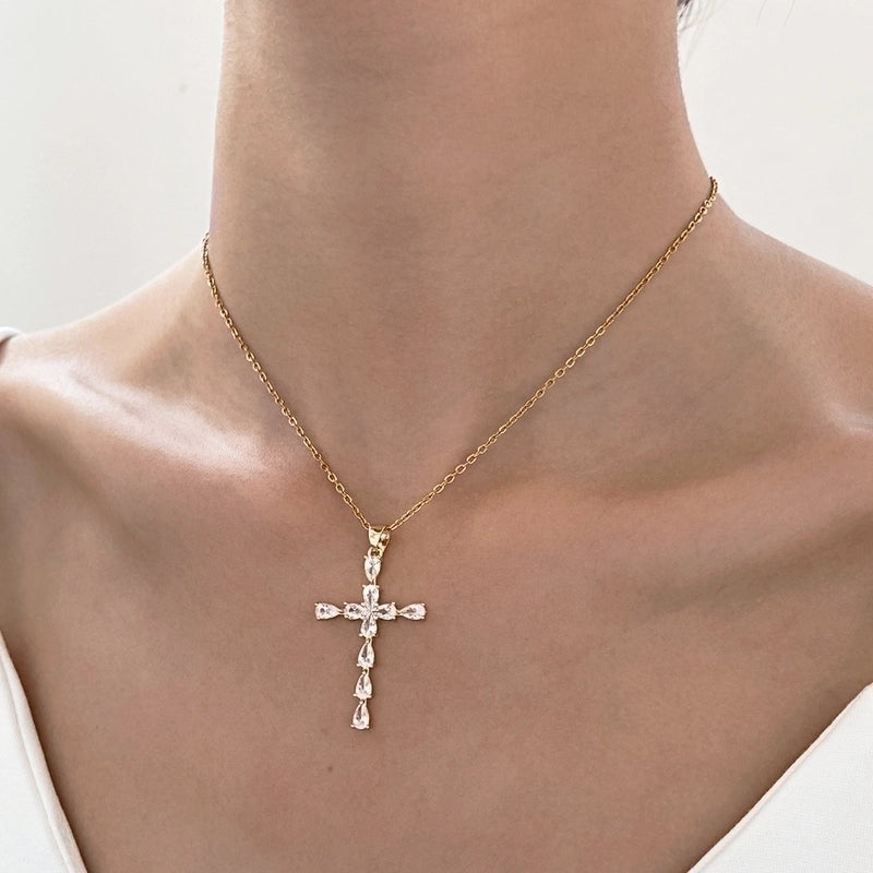 Stainless Steel 18K Gold Plated Minimalist Plating Inlay Cross Zircon