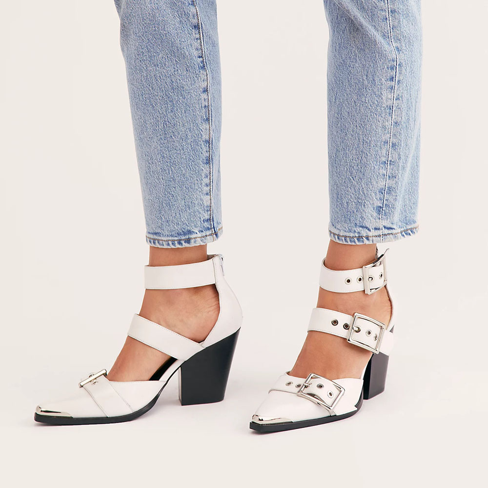White Metal Accent Snip Toe Buckle Strap Chunky Heel Pumps for Women