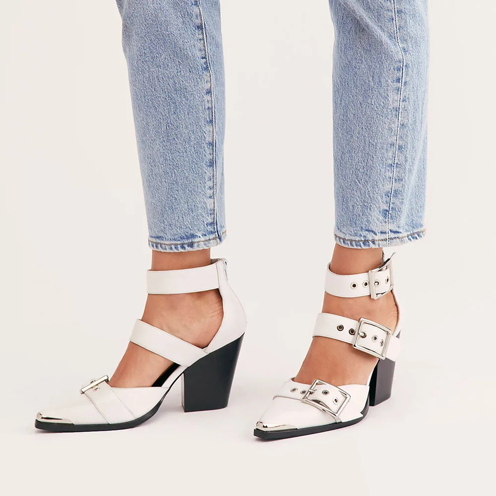 White Vegan Leather Pointed Toe Buckle Fastening Studded Pumps With Chunky Heels Nicepairs
