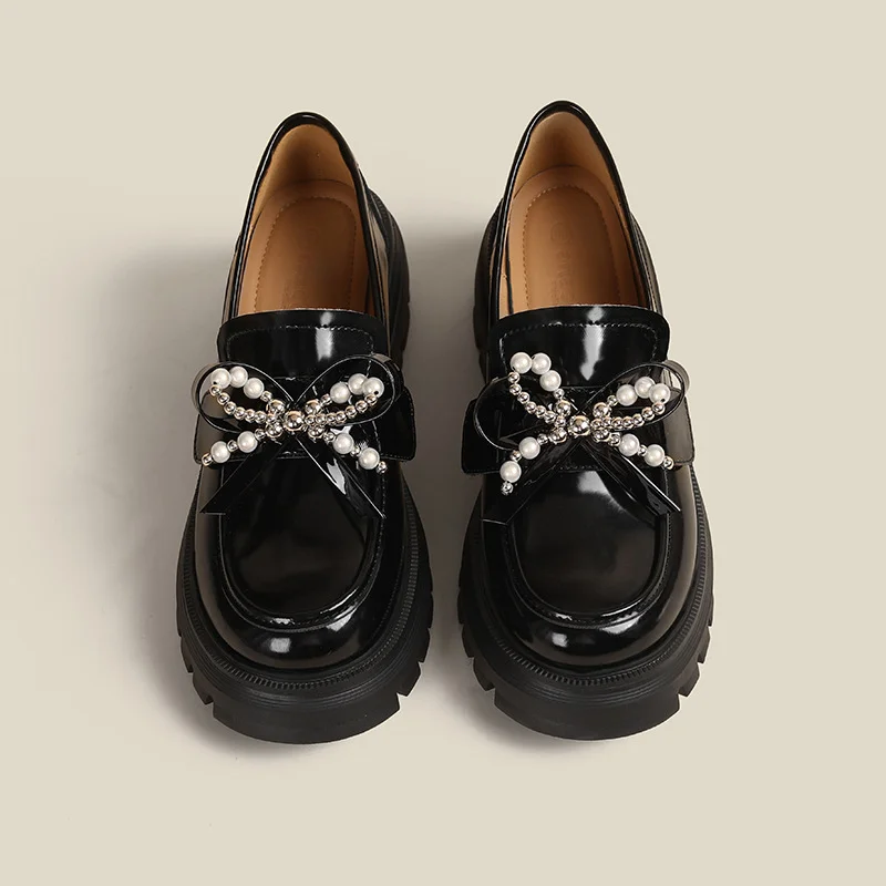 Uveng Uveng Loafers Women Spring And Autumn Skirt A Foot Pedal British Style Small Leather Shoes Bow Casual Single Shoes