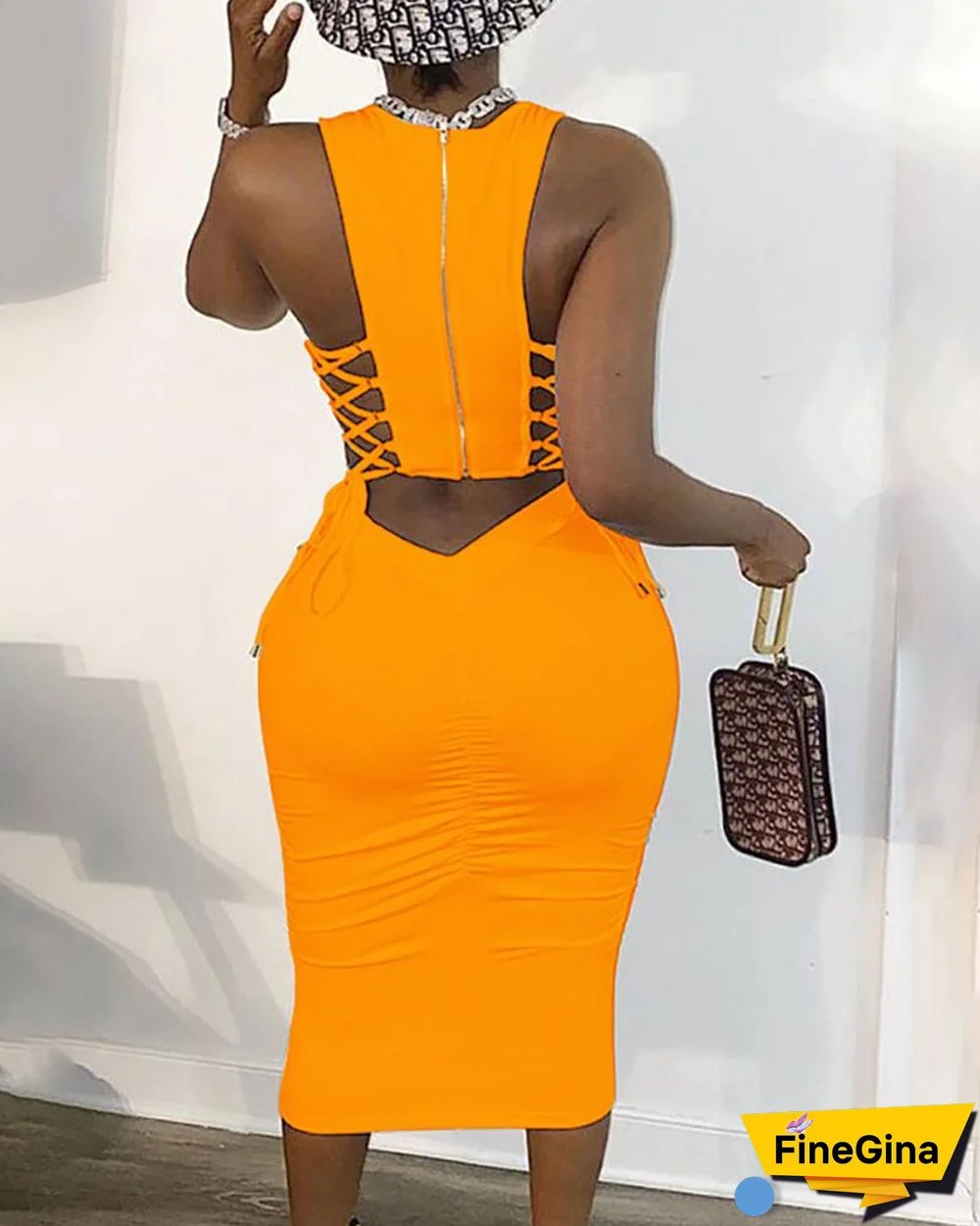 Zipper Design Cut Out Lace-up Dress