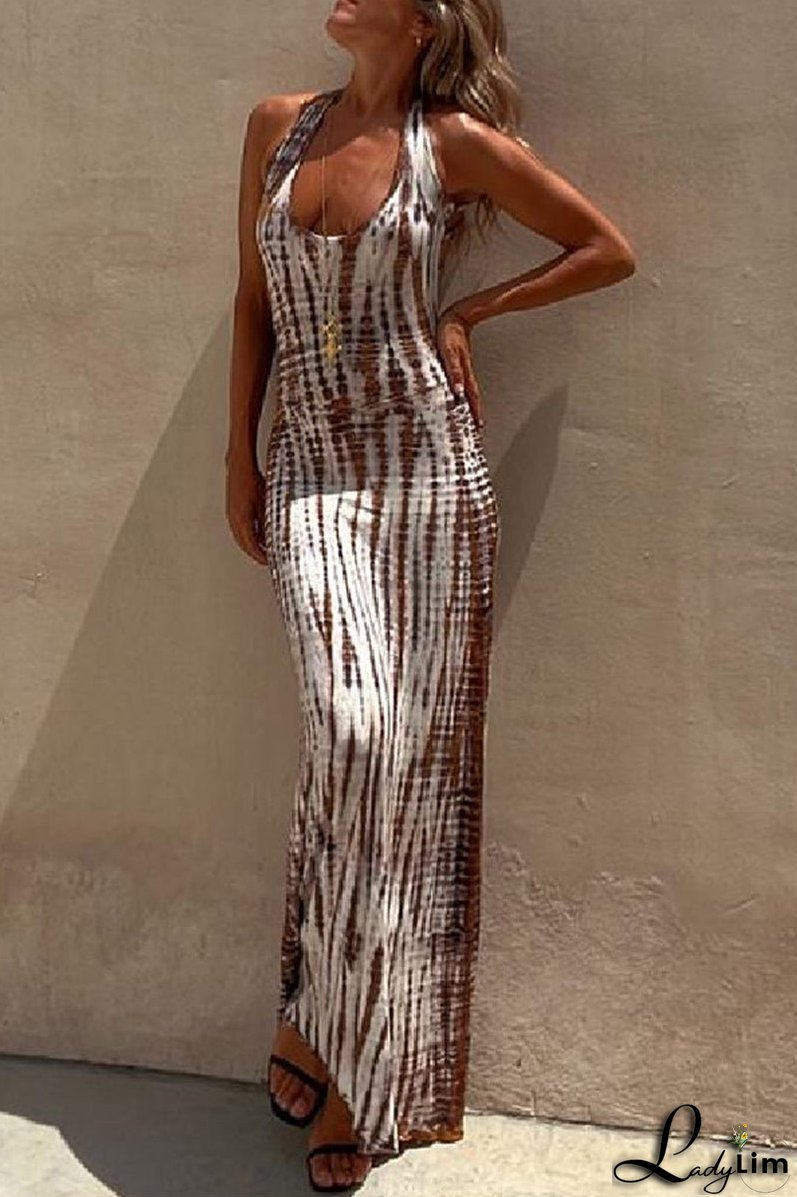 Sexy Vacation Print Backless U Neck Printed Dress Dresses