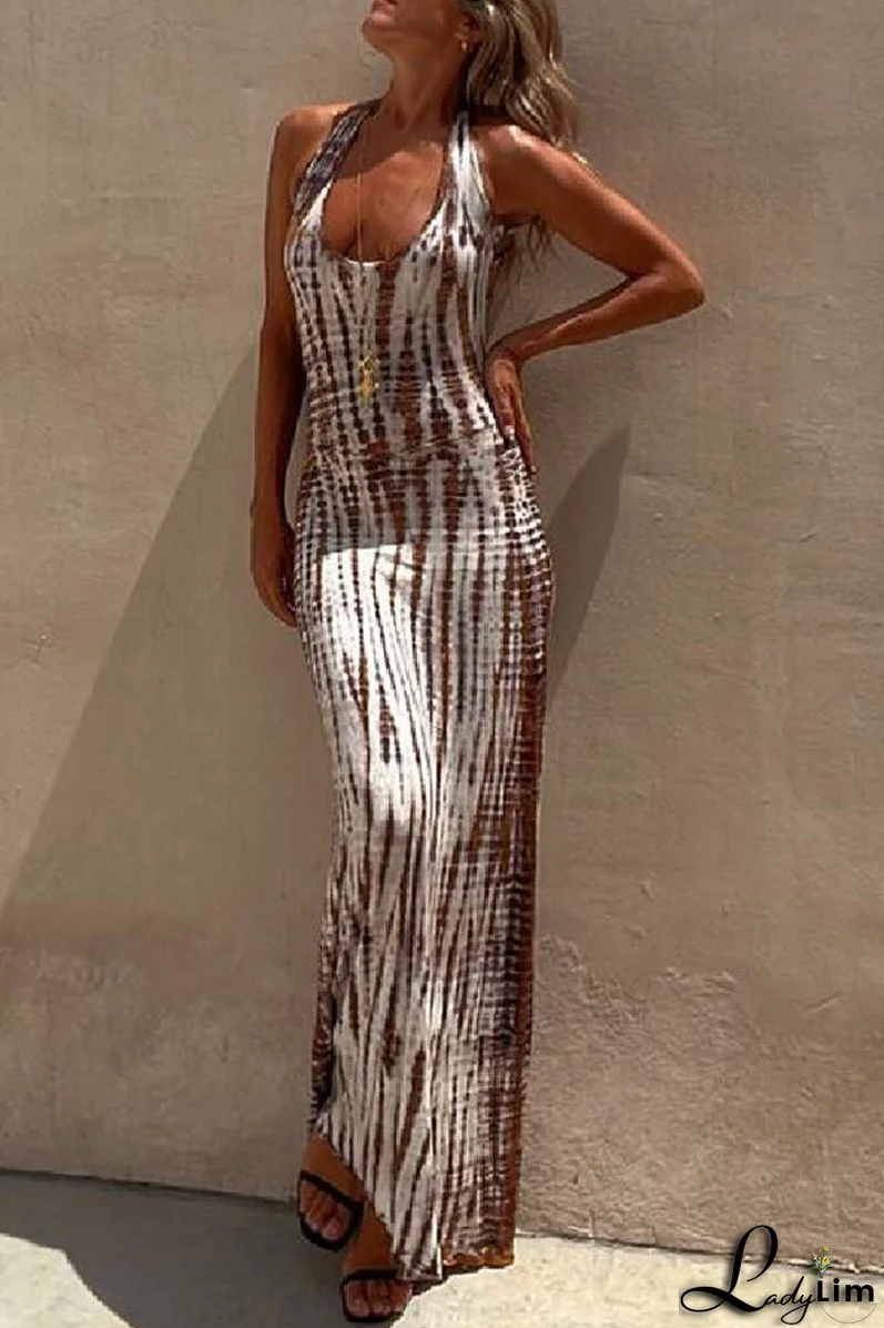 Sexy Vacation Print Backless U Neck Printed Dress Dresses