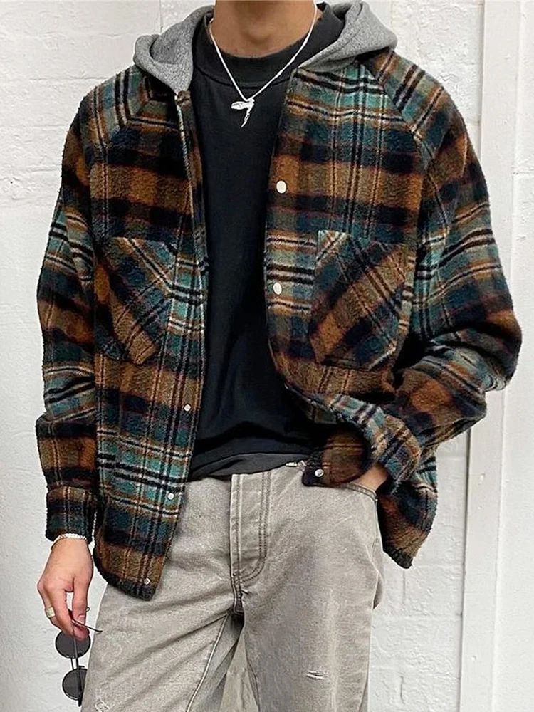 Men's casual check hooded jacket