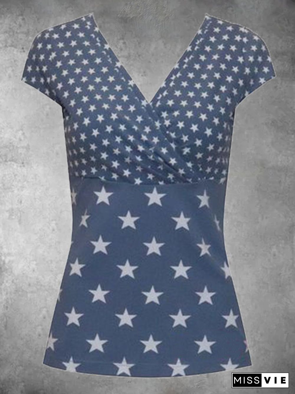 Star Short Sleeve Printed Cotton-blend V neck Sweet Summer Blue Top