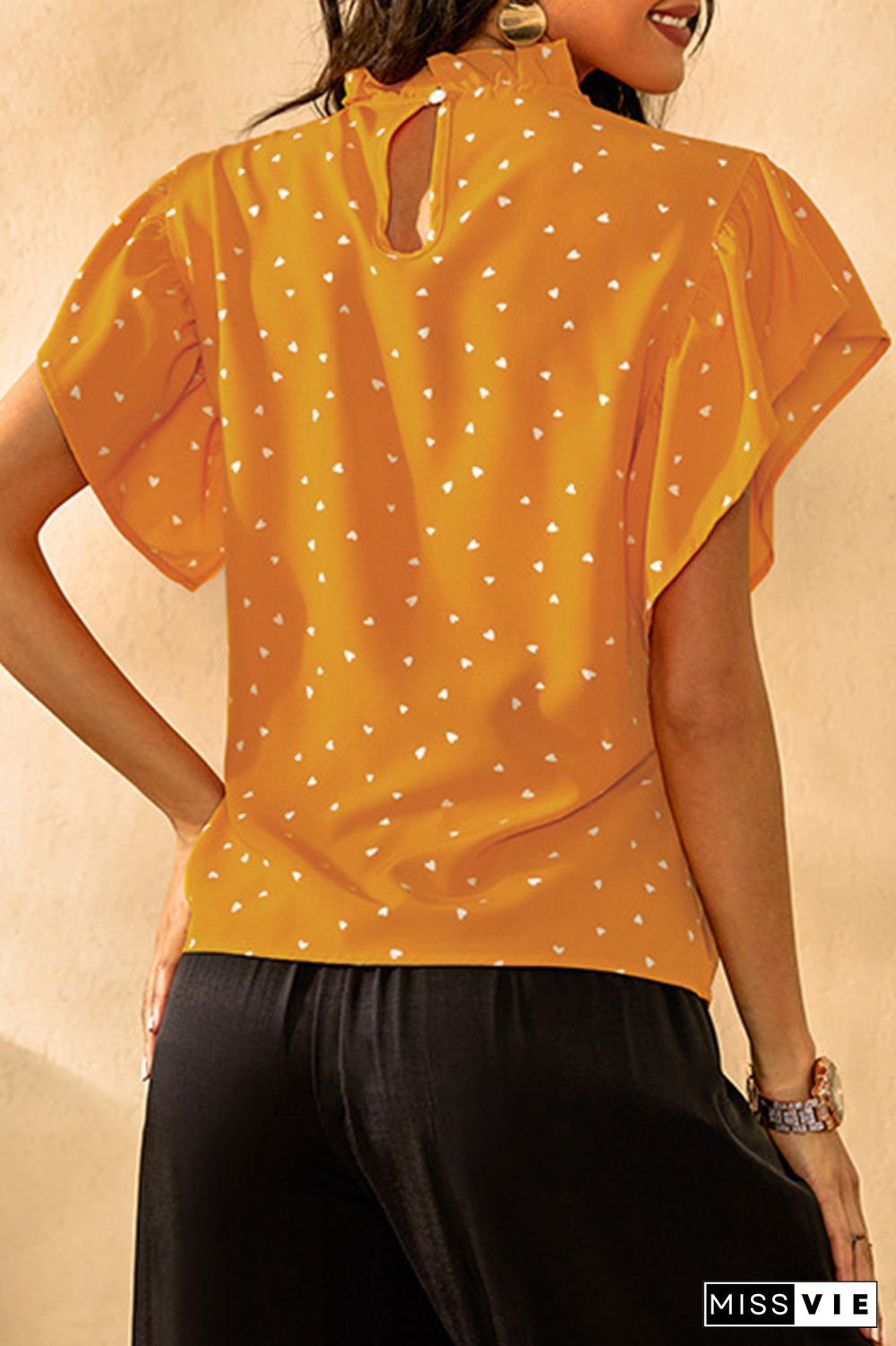 Elegant Dot Split Joint Flounce Mandarin Collar Tops