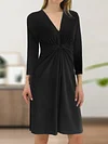 Twist V Neck Plain Color A-line Dress, Elegant 3/4 Sleeve Dress For Spring & Fall, Women's Clothing