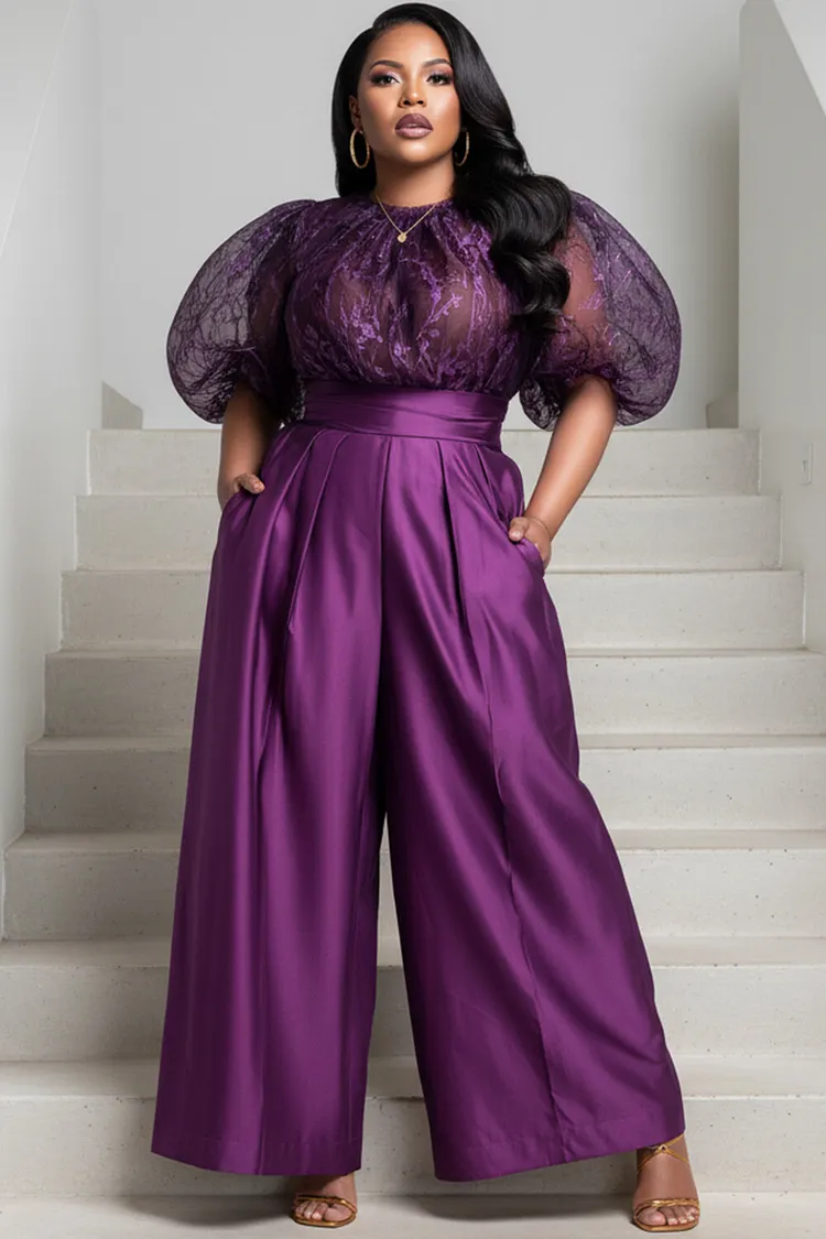 Xpluswear Design Plus Size Formal Tulle Purple Round Neck Puff Sleeve Short Sleeve Pocket Wide Leg Satin Jumpsuits [Pre-Order] 2024 - Xpluswear