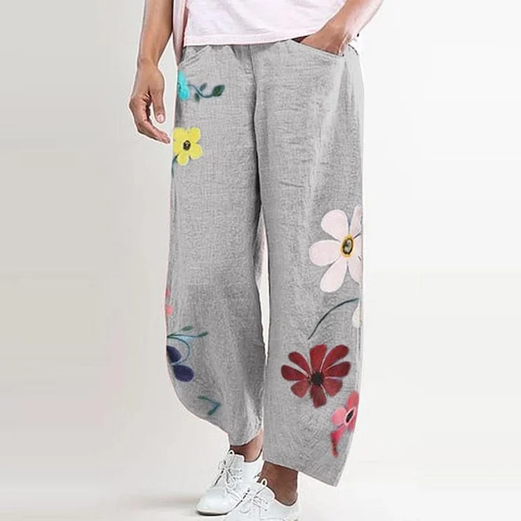Summer Fashion Women New Casual Streetwear Flowers Print Wide-leg Pants Loose Plus Size Vintage 2021 Elegant Party Lady Trousers