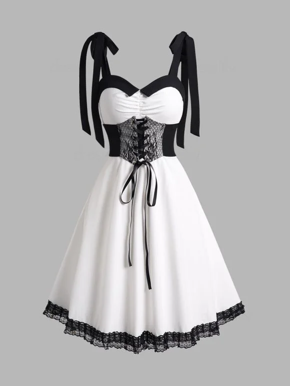 Corset Style Lace Up Gothic Dress Colorblock Lace Hem Tied A Line Dress