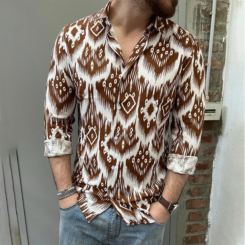 Men Fashion Vintage Boho Print Casual Shirts