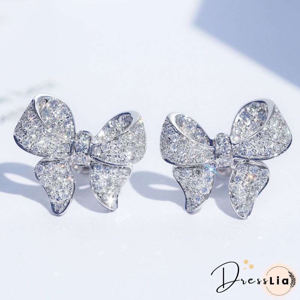 High Quality 925 Sterling Silver Earrings Wedding Bow Earrings White Sapphire Cute Earrings for Women