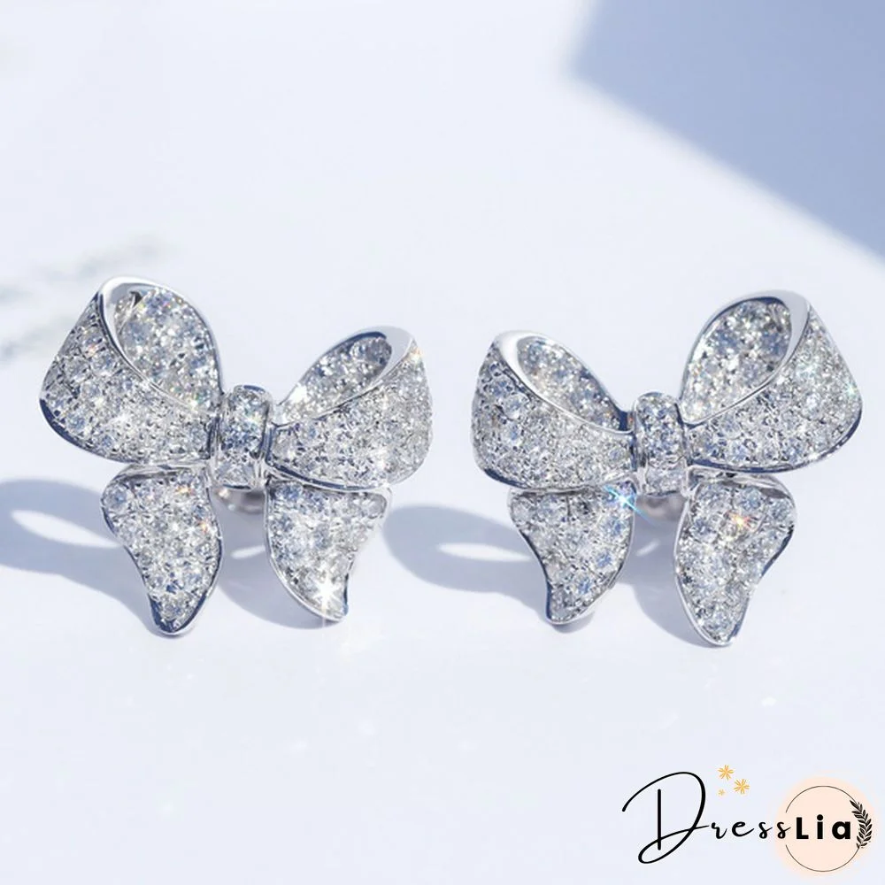 High Quality 925 Sterling Silver Earrings Wedding Bow Earrings White Sapphire Cute Earrings for Women