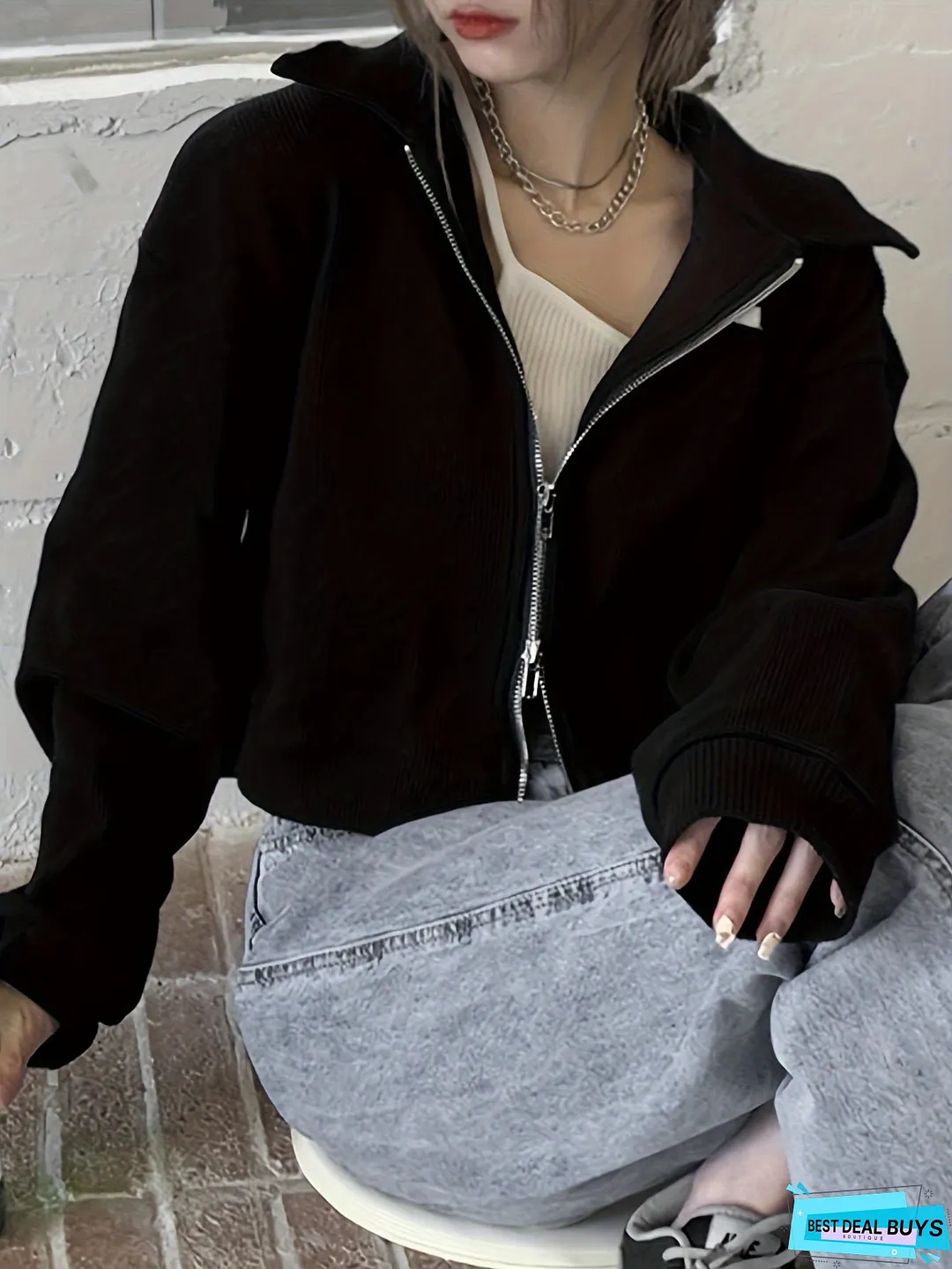 Label Patched Zipper Jacket, Casual Long Sleeve Outwear For Spring & Fall, Women's Clothing