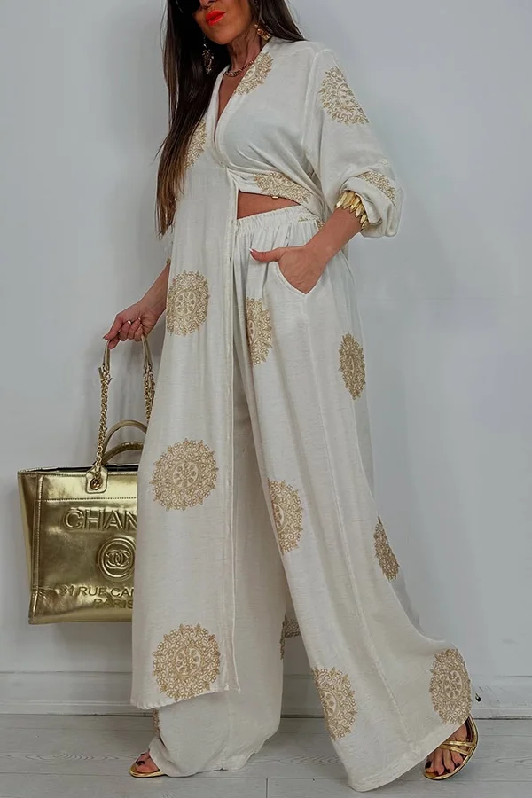 Unique Printed V-Neck Long Sleeve Long Shirt and Elastic Waist Casual Pocket Wide Leg Pants Set