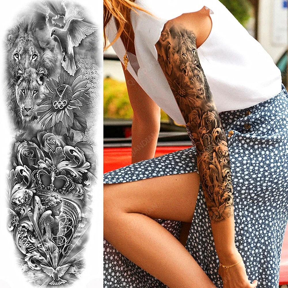 Large Arm Sleeve Tattoo Rose Lion Wolf Waterproof Temporary Tatto Sticker Flower Clock Waist Leg Body Art Full Fake Tatoo Women
