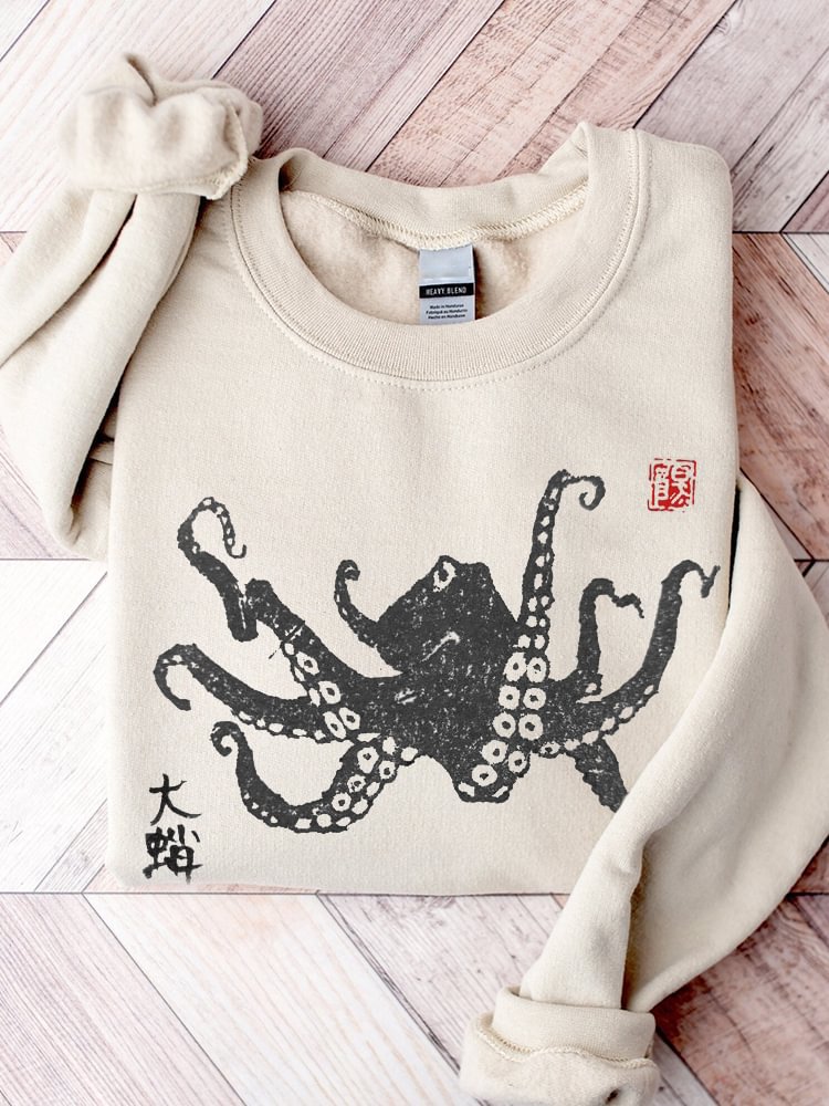 Women's Octopus Japanese Lino Art Comfy Sweatshirt