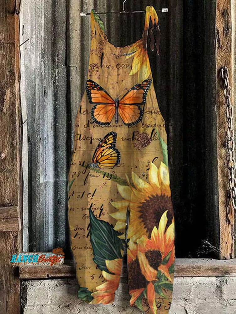 Vintage Floral Animal Pattern Casual Overall Jumpsuit Brown / S