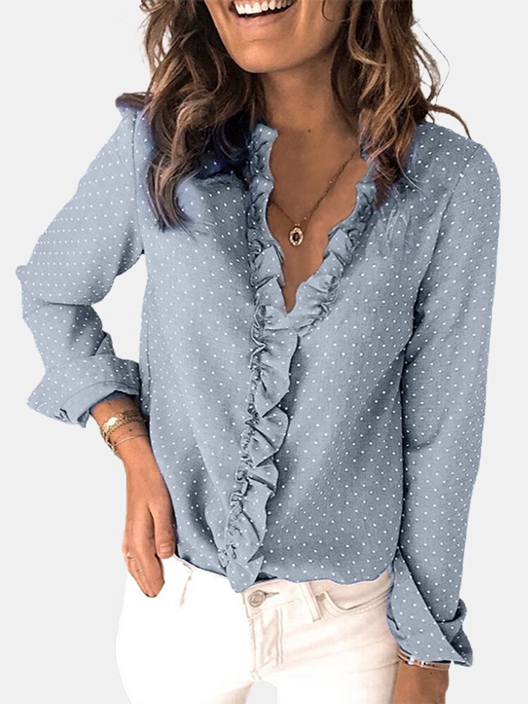 Polka Dot Printed V neck Ruffle Blouse Long Sleeve Shirt P1774243