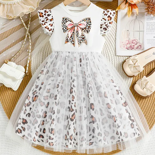 【3Y-10Y】Girls' Flutter Sleeve Leopard Print Bow Tulle Puffy Princess Dress