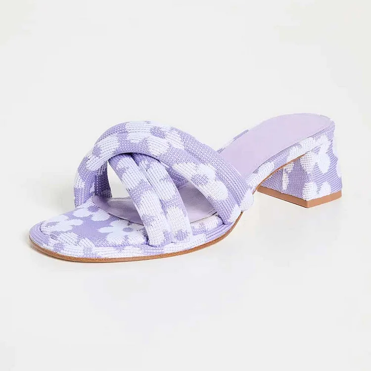 Purple & White Canvas Open Toe Floral Embroidery Heeled Mules Sandals |FSJ Shoes