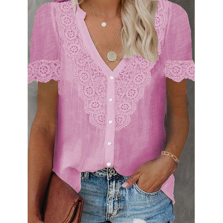 women's new lace stitching short sleeve shirt top socialshop