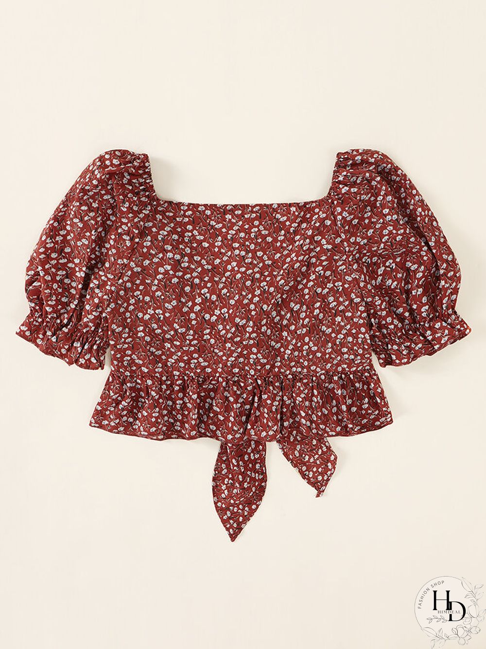 Allover Floral Print Bowknot Puff Sleeve V-neck Crop Top