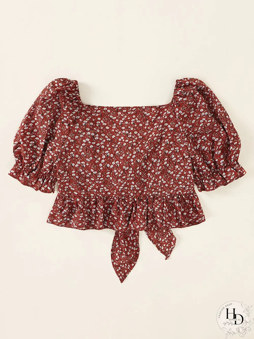 Allover Floral Print Bowknot Puff Sleeve V-neck Crop Top