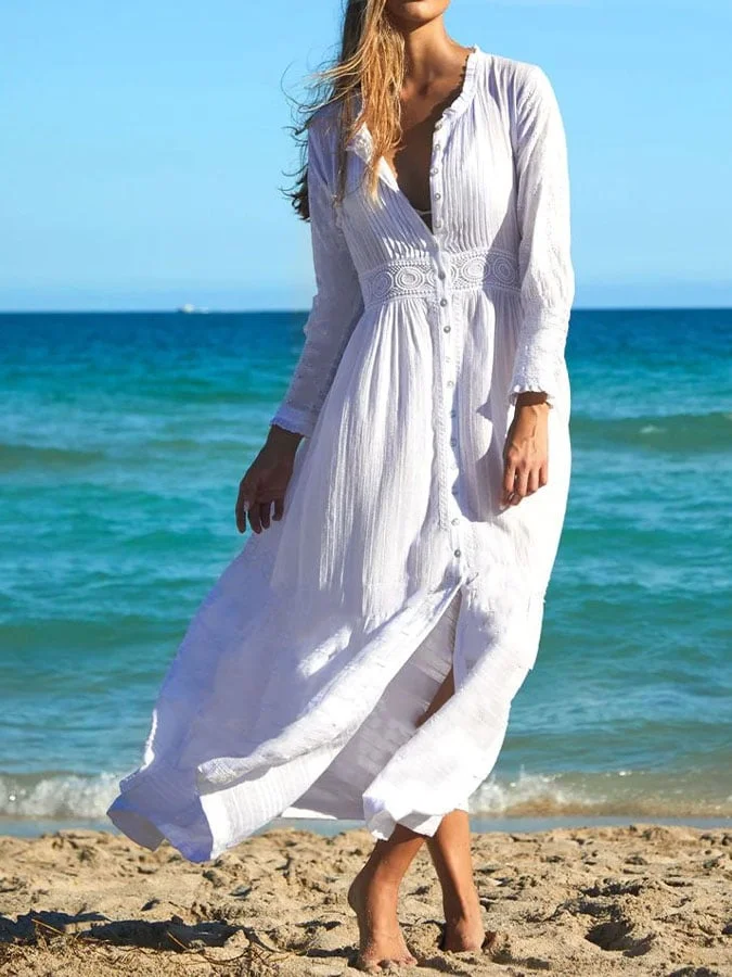 Women's Casual Solid Color Long Sleeve Shirred Lace Splicing Dress