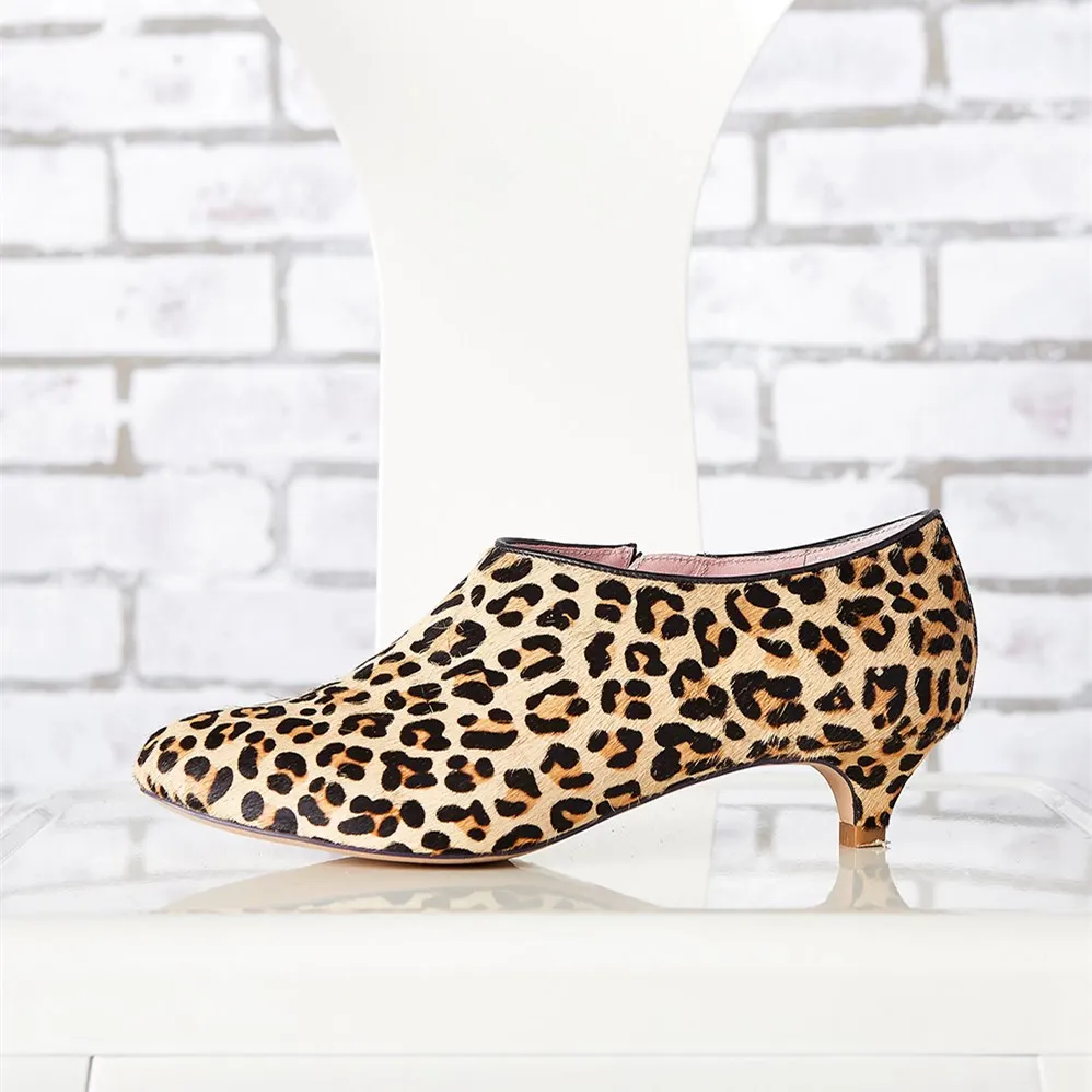 Leopard Booties Closed Toe Kitten Heels Cheetah Haircalf Short  Boots|FSJshoes