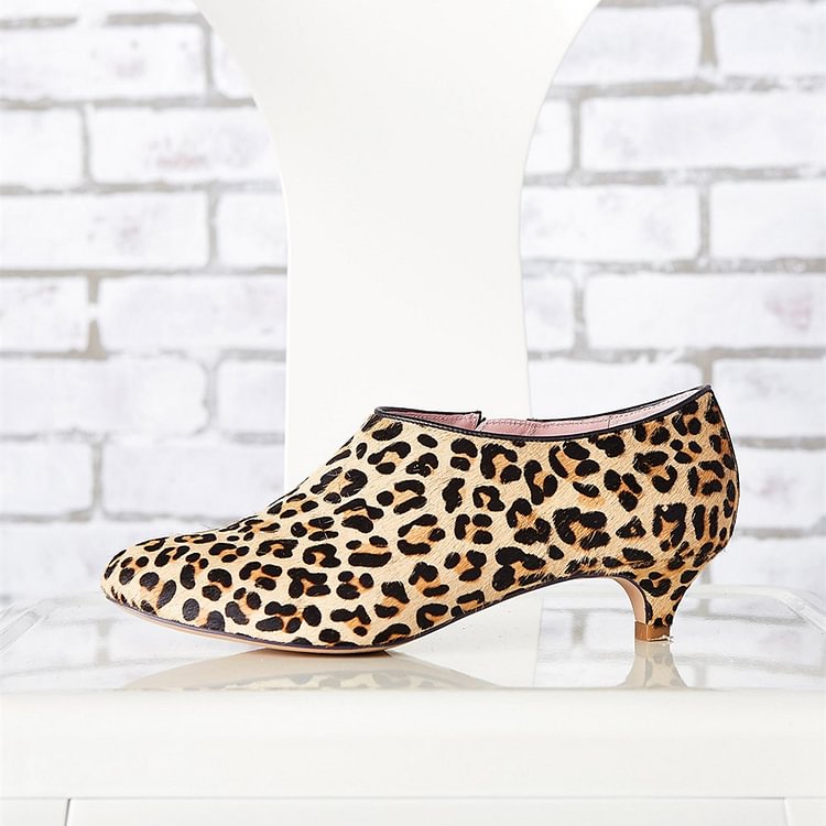 Leopard Booties Closed Toe Kitten Heels Cheetah Haircalf Short Boots |FSJ Shoes
