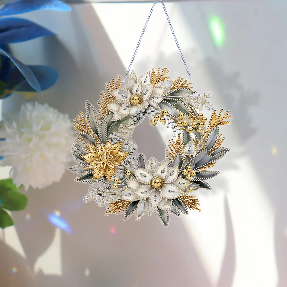 DIY Christmas Flower Wreath Acrylic Special Shaped Diamond Painting Wall Decor Wreath
