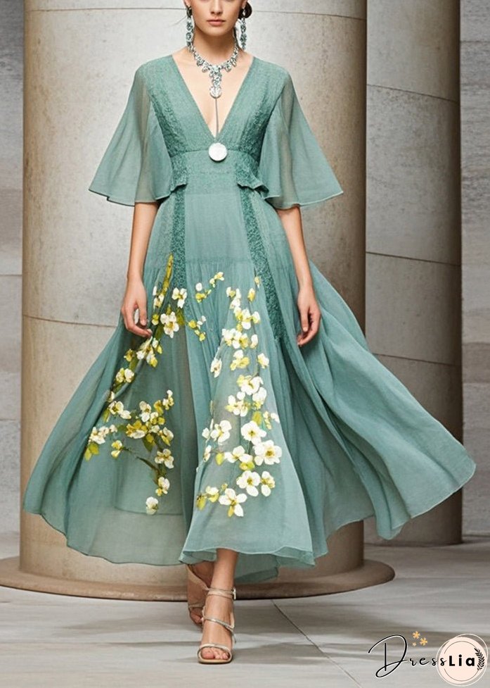 Stylish Green Cinched Print Chiffon Robe Dresses Summer