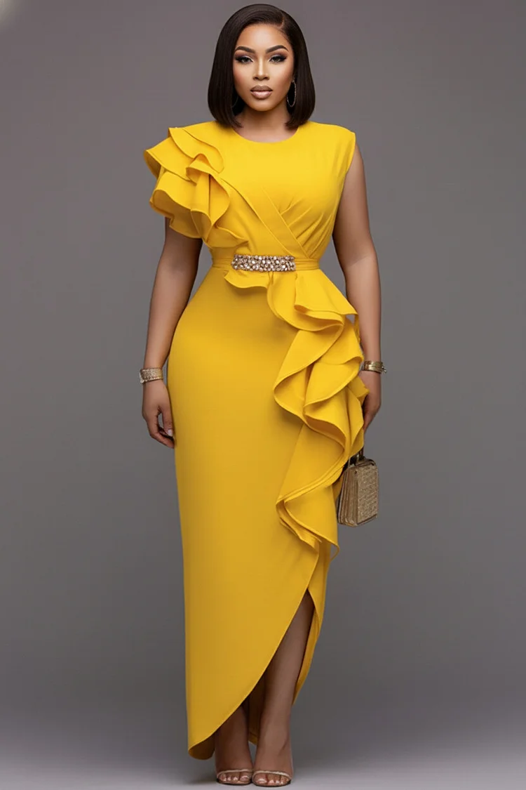 Xpluswear Design Plus Size Cocktail Party Yellow Round Neck Ruffle Split Maxi Dresses 2024 - Xpluswear