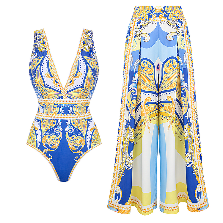 V Neck Pattern Print One Piece Swimsuit and Sarong or Pants