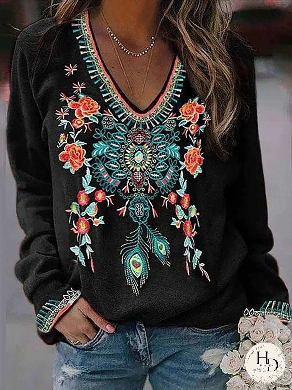 Trendy Floral and Peacock Design Tee