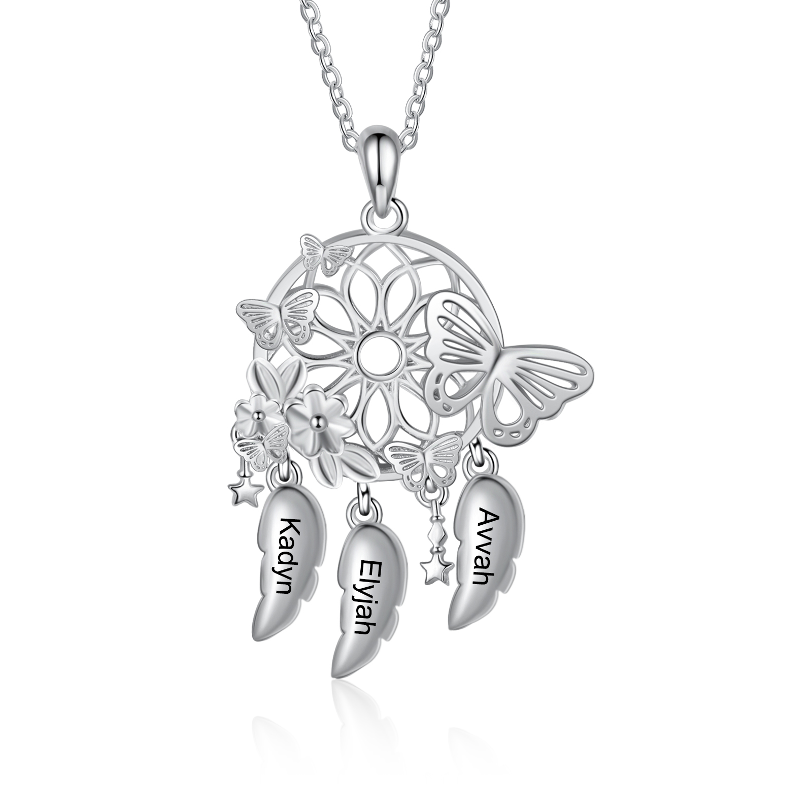 Personalized Dream Catcher Necklace Custom 3 Names 3D Butterflies