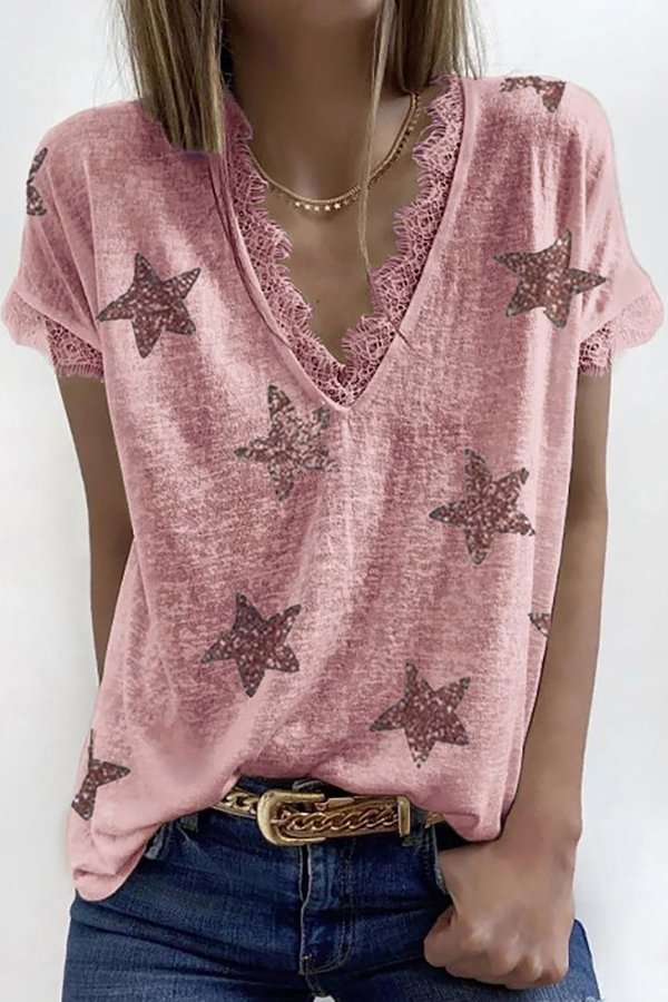 Contrasting Lace Star Print T-shirt
