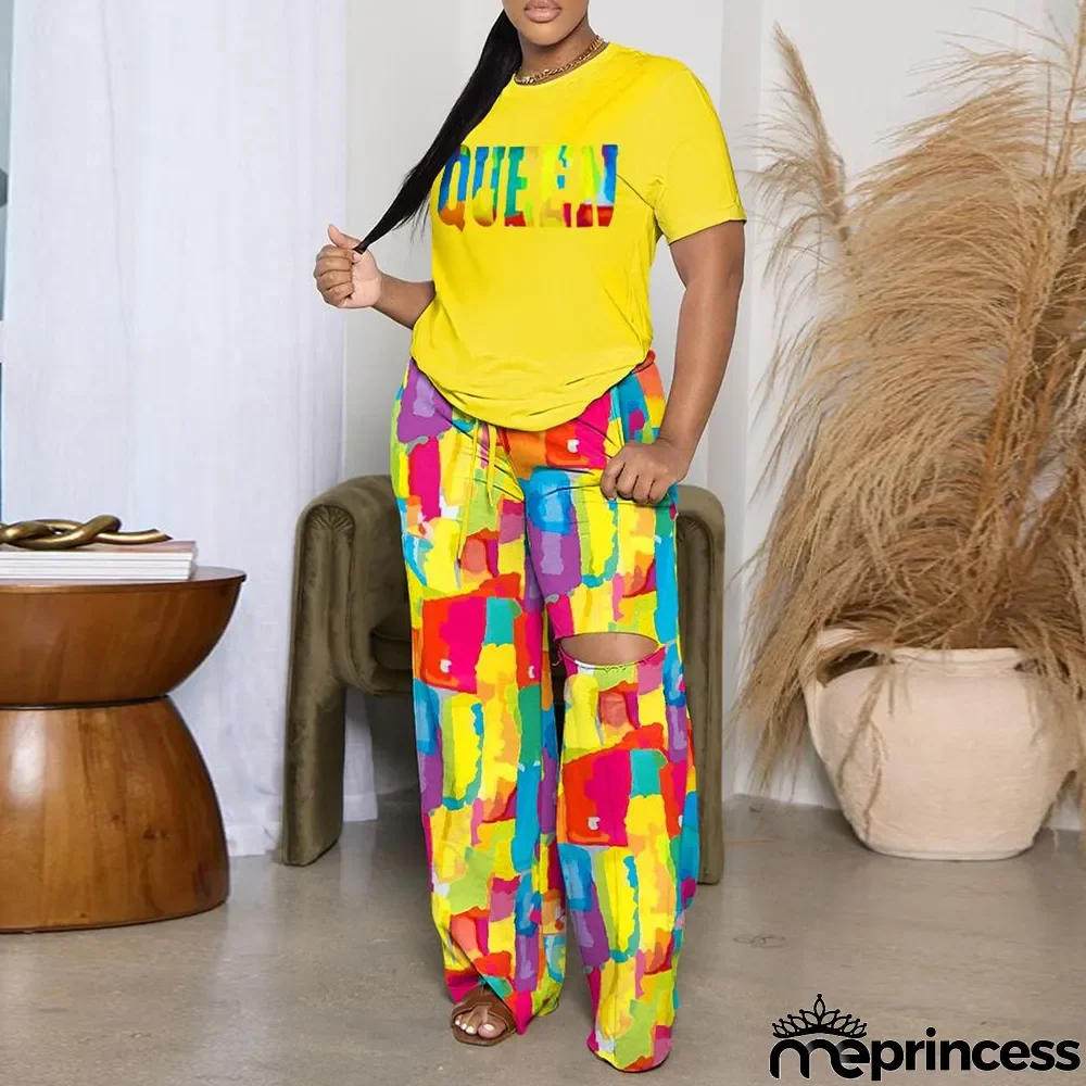 Plus Size Print Holes LooseTwo Piece Pants Set