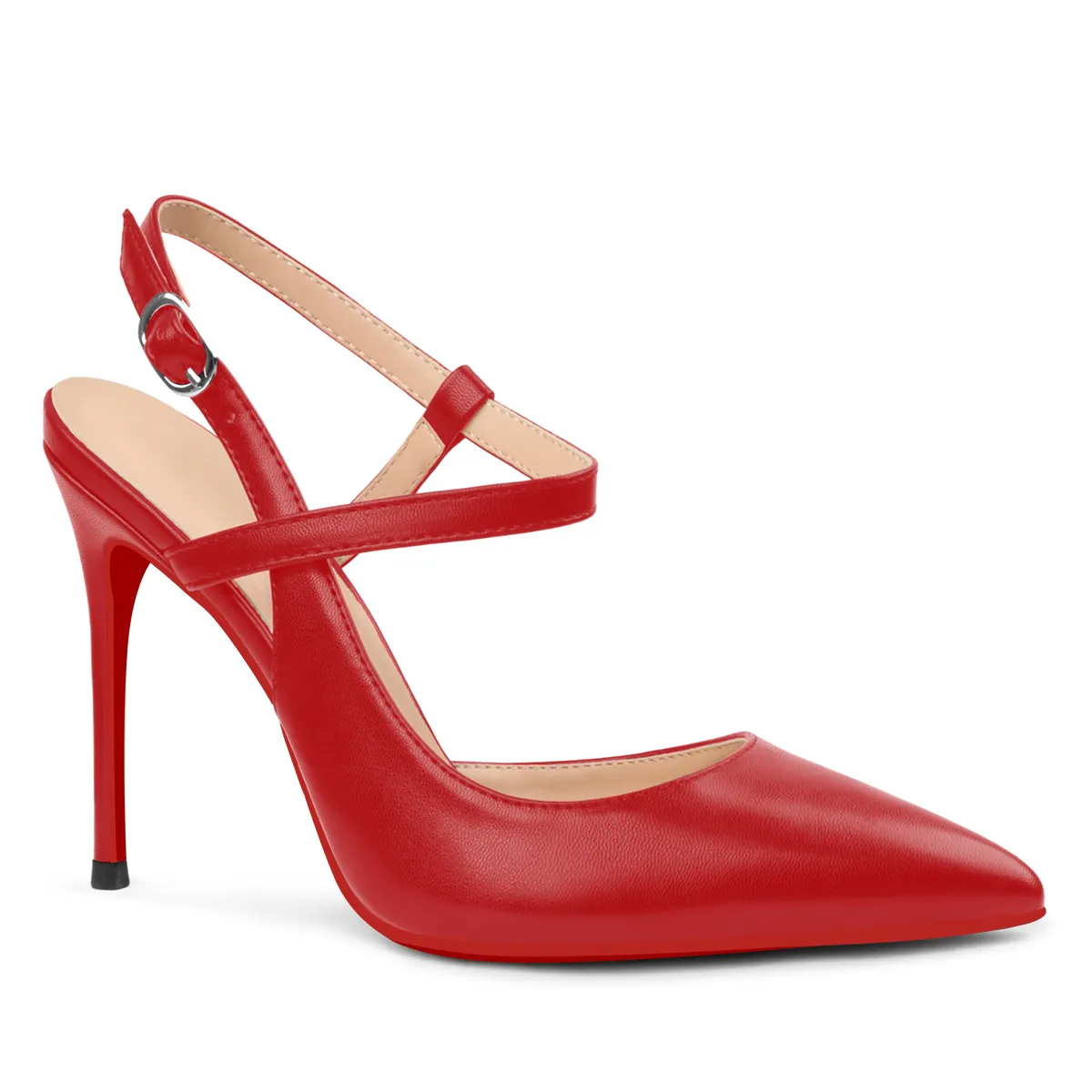 100mm Women Slingback Matte Pumps Ankle Strap Jenlove Stiletto Mid Heel Close Pointed Toe Dress Red Bottoms Shoes-vocosishoes