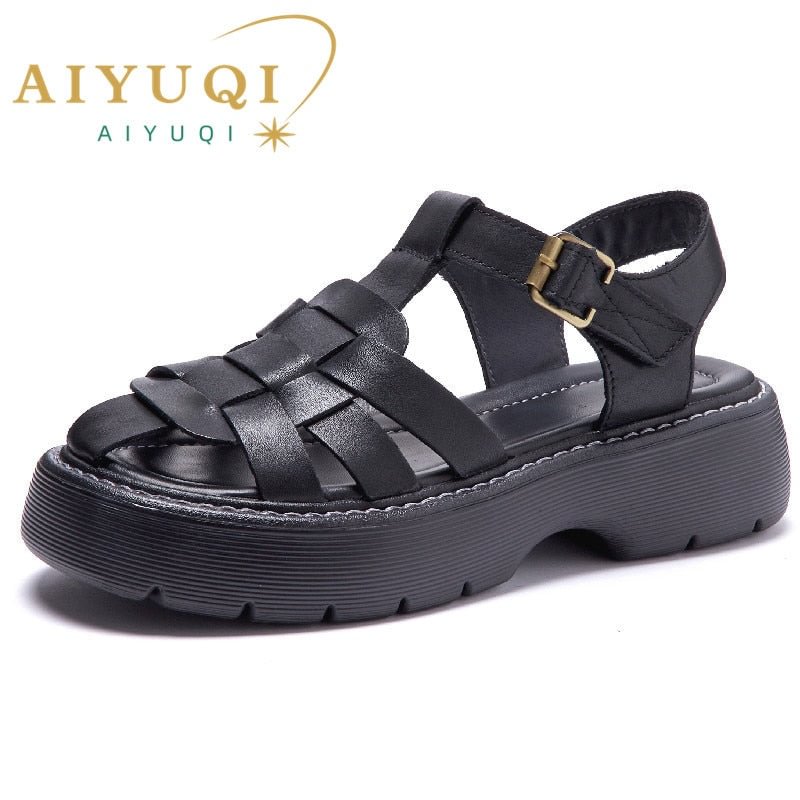 AIYUQI Sandals Women Summer 2022 New Genuine Leather Baotou Roman Sandals Ladies Retro Hollow Woven Women Sandals
