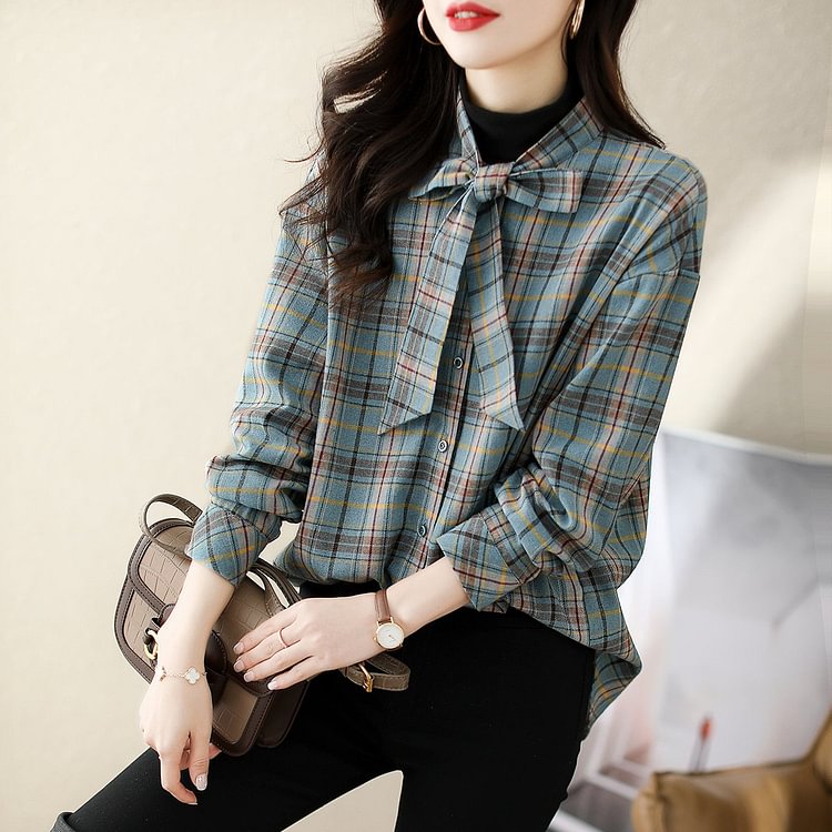 As Picture Checkered/plaid Cotton-Blend Long Sleeve Shirts & Tops