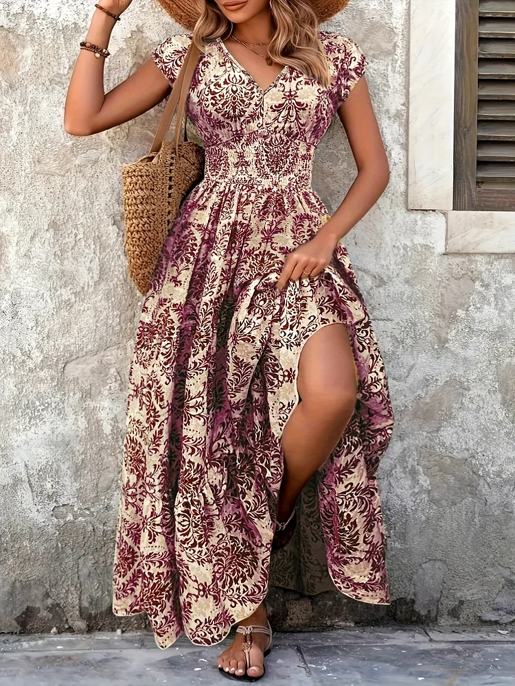 Plus Size, 2025 Retro Floral Print V-Neck Short Sleeve Dress - Fitted A-Line Silhouette, Breathable Machine-Washable Fabric, All-Season Casual To Semi-Formal Women's Dress, Cute Dress, Summer Fashion, Vintageinspired Style, Durable Fabric