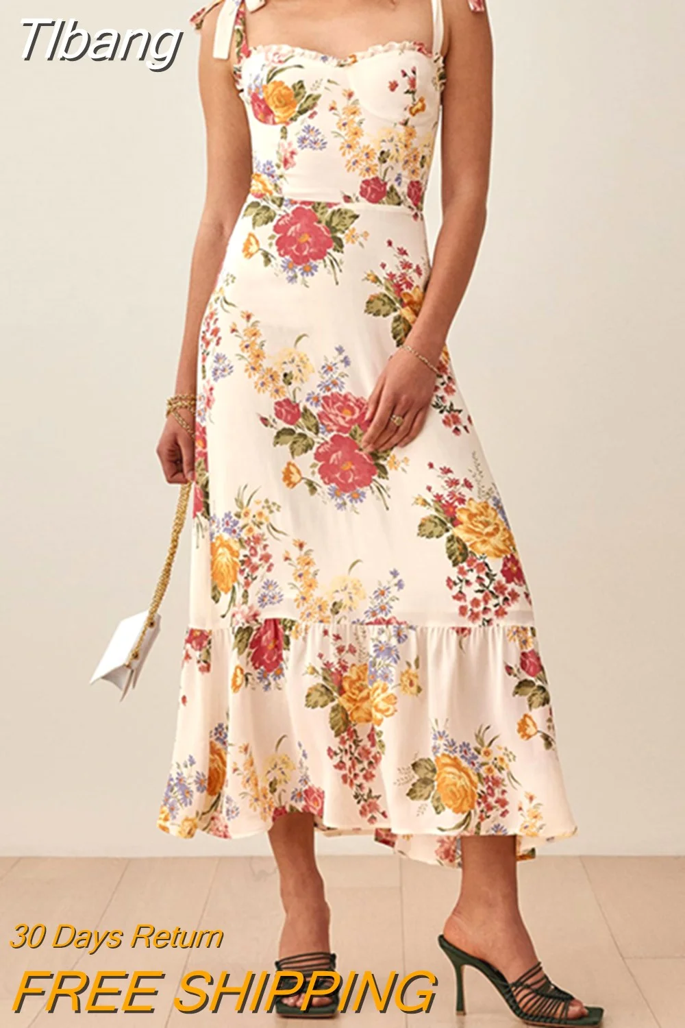 Tlbang Clothes For Women Dresses Sexy Strap Tie Vintage Floral Print Dress Sweetheart Neck Ruffle Hem Elegant Midi Dress 2023