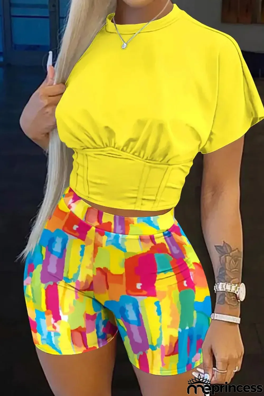 Deep Blue Casual Print Patchwork O Neck Short Sleeve Two Pieces