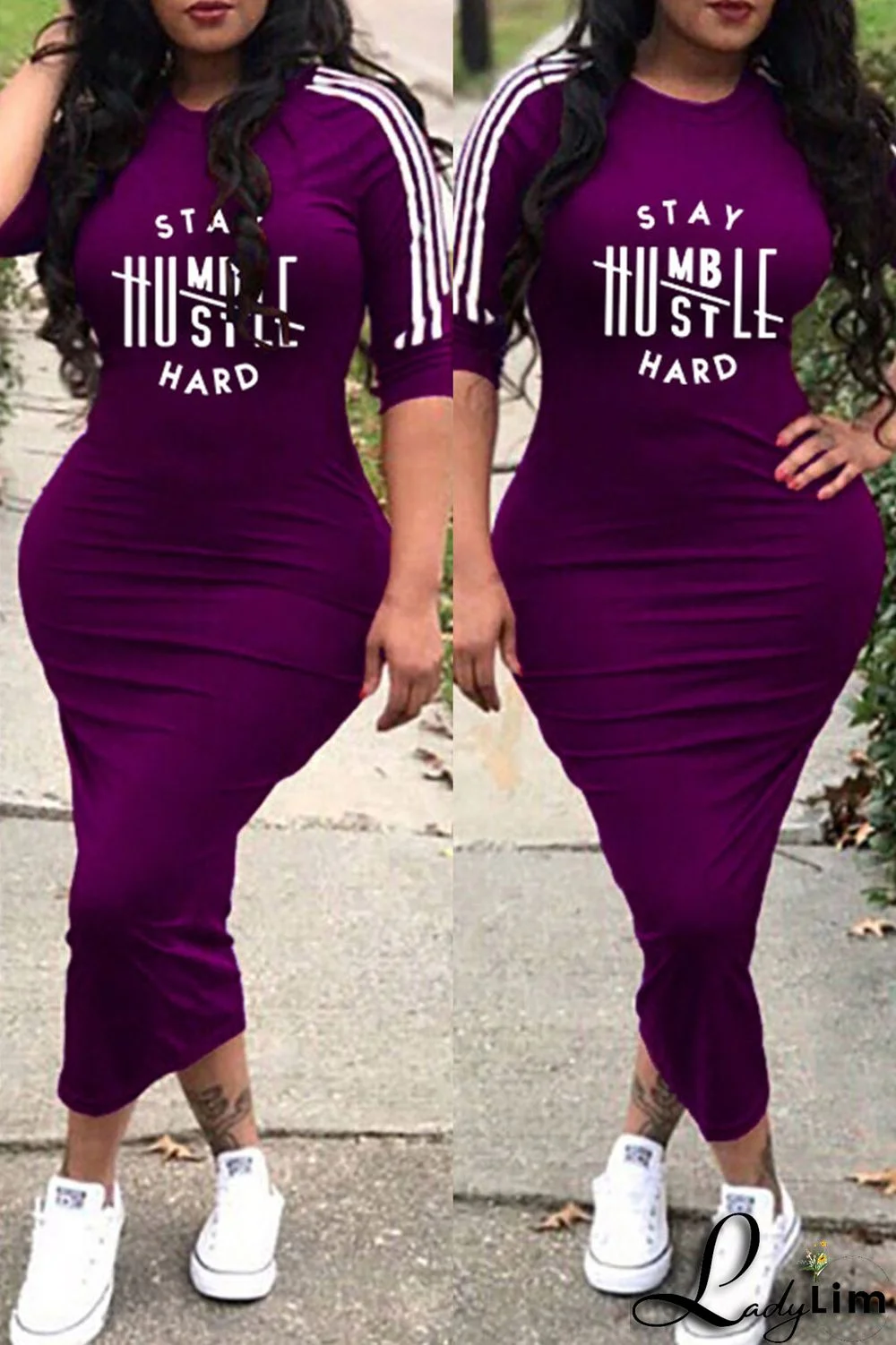 Deep Blue Fashion Casual Letter Print Split Joint O Neck Dresses