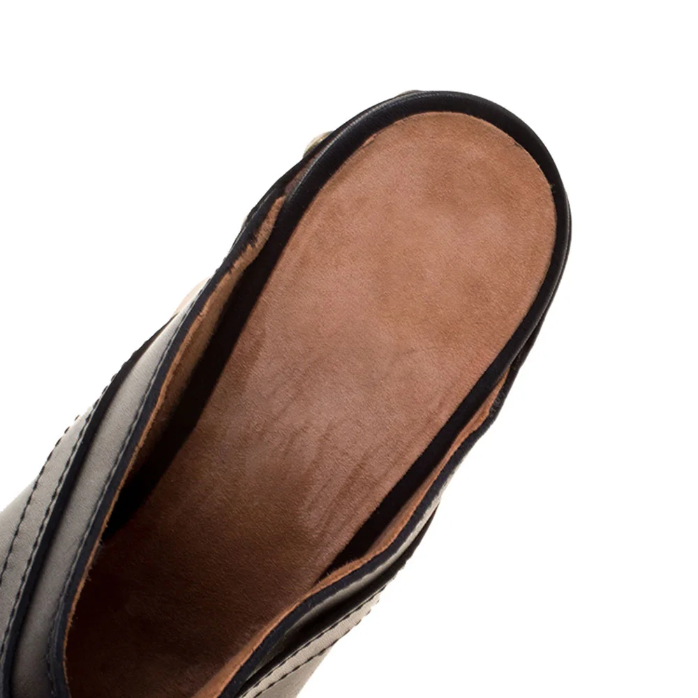 YDN Black Vegan Leather Studded Round Toe Platform Clog Heels