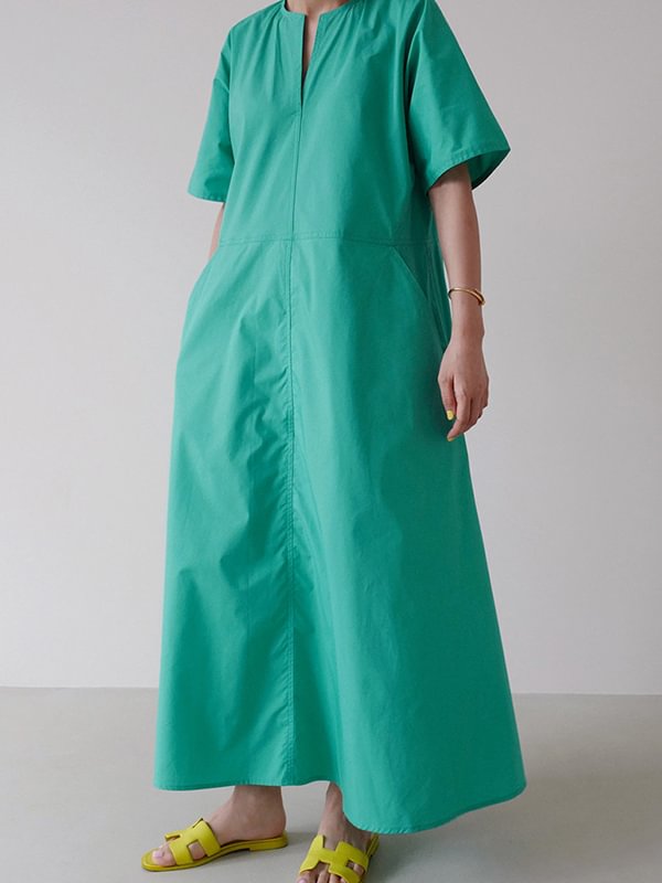 Casual Loose Solid Color Pleated V-Neck Half Sleeves Midi Dress