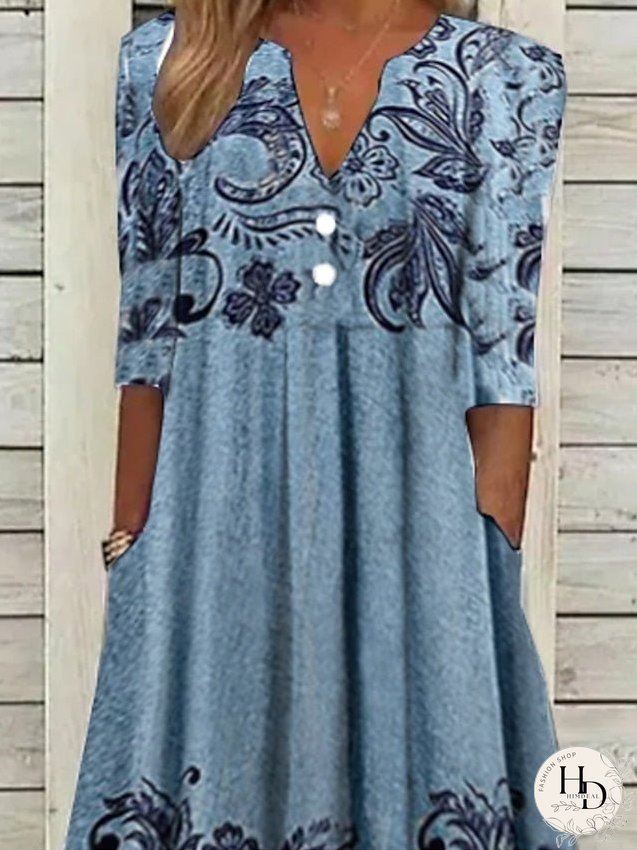 Casual Dress Ethnic Dress Midi Dress Blue Half Sleeve Floral Print Summer Spring V Neck Casual S M L XL XXL 3XL for Women